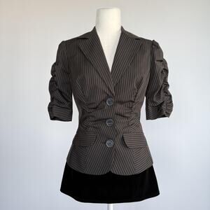 Sele Blazer Jacket Womens Medium Brown Pinstripe Ruched Sleeve Lined Stretch
